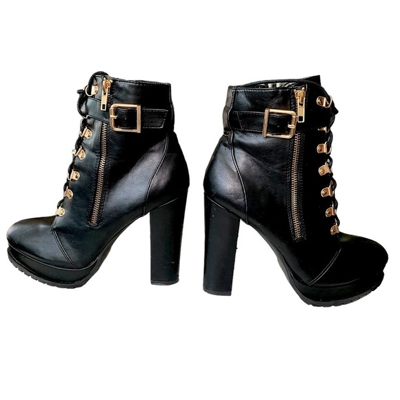 Shoe Dazzle Shoes - Black & Gold lace up bootie with Zipper high heels boots